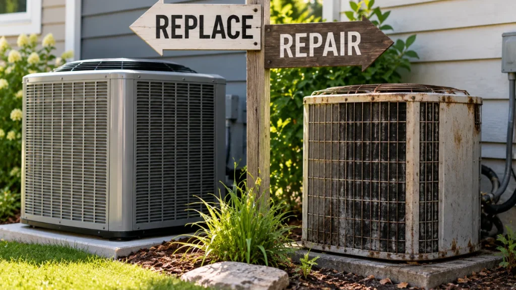 Wooden directional sign pointing to Replace and Repair between new and old outdoor HVAC units.